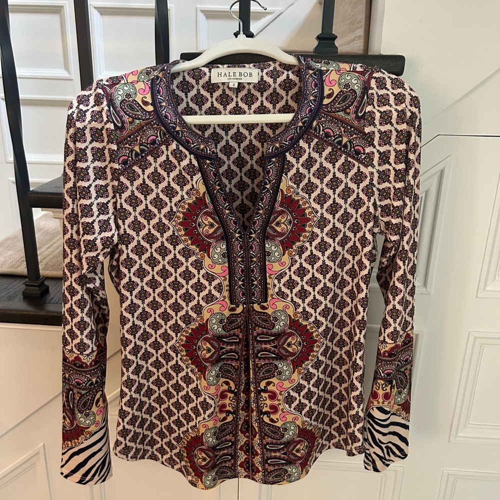 Hale Bob Brown and White Graphic Fitted Blouse